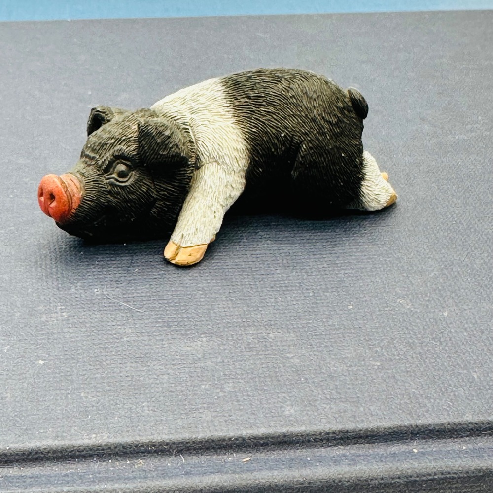Hampshire Pig Figurine Miniature Black White Belted Piglet‎ Decor Resin